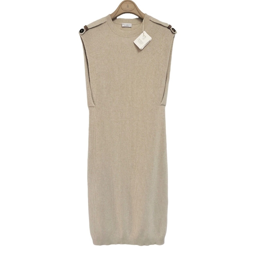 BRUNELLO CUCINELLI Cashmere English Rib Dress in Cool Beige Size Medium M